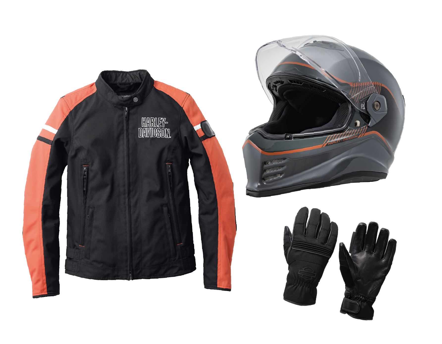 Giubbotto in pelle, casco modulare e guanti Harley-Davidson